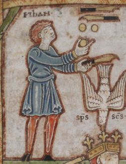 서기 1075년~1250년경. 티베리우스 시편집에 나오는 공과 칼을 저글링하는 저글러.