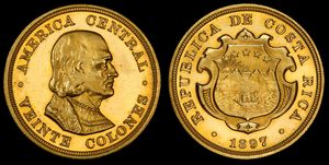 1897년 발행된 코스타리카 20 콜론(시험 주화). 앞면에는 코스타리카 국장이, 뒷면에는 크리스토퍼 콜럼버스의 옆모습이 새겨져 있다.