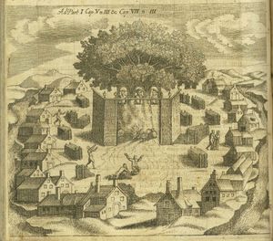 프로이센에 그려진 상상 속의 로무바 신전. 크리스토프 하르트크노흐의 Alt- und neues Preussen(옛 프로이센과 새로운 프로이센), 1684년판에서 발췌.