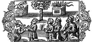 뱀장어(Žaltys), 참나무(Quercus robur)와 신성한 불을 숭배하는 리투아니아인들. 올라우스 마그누스(Olaus Magnus)의 저서 Historia de Gentibus Septentrionalibus(북방의 민족들에 관한 역사), 3권, 1555년.