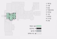 맥케이 빌라와 오늘날의 리도 홀의 설계도를 함께 겹친 평면도