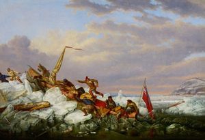 코르넬리우스 크리호프(Cornelius Krieghoff)의 퀘벡의 우편선 상륙(Mail Boat Landing at Quebec)(1860). 캐나다 미술 톰슨 컬렉션에 있는 크리호프의 145점 중 하나이다.