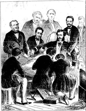 브라질 전함 타만다레호 함장인 마리스 이 바로스 소령의 다리 절단술 (앙리크 플레이우스, 세마나 일루스트라다, 1866)