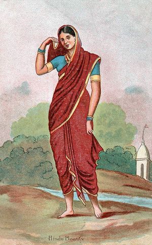 힌두교 여성이 사리를 입고 있다. 사리는 인도 아대륙에서 가장 오래되고 인기 있는 의복 중 하나이다.