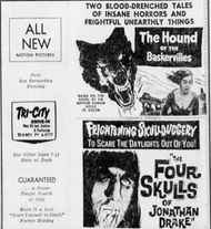 1959년 7월 1일 캘리포니아주 로마린다의 드라이브인 영화관 광고. 셜록 홈즈 언급 없이 《배스커빌가의 개》와 함께 상영된 영화 《조나단 드레이크의 네 개의 해골》이 소개되어 있다.