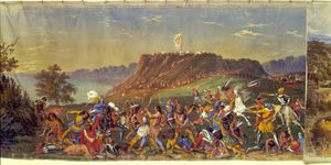 1729년 나체즈족 반란. 나체즈족이 프랑스 병사와 식민지 개척자 대부분을 학살한 사건으로, 배경에는 로잘리 요새(Fort Rosalie)가 보인다. 존 이건(John Egan)의 파노라마 그림(1850년경).