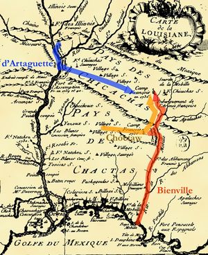 뒤몽 드 몽티니(1753), 루이지애나 역사적 회상록의 "루이지애나 지도". 1736년 치카소 원정에서 달타기에트와 비앙빌의 경로를 보여주는 주석이 달려 있다.
