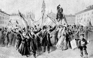 당시 판화에 나타난 알베르티노 헌장 선포식을 기념하는 토리노 산 카를로 광장의 축하 행렬