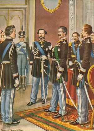 샤를 알베르가 아들인 비토리오 에마누엘레 2세에게 왕위를 양위하다