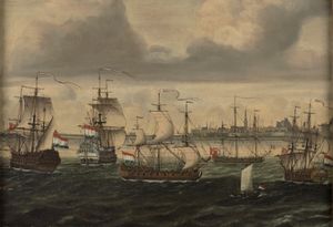 1702년, 비고 만 해전(Battle of Vigo Bay)에서 포획된 프랑스 군함 'fr'을 플리싱언 정박지로 끌고 오는 모습