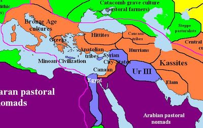 기원전 2000년경 고대 근동과 지중해: 아모리인은 기원전 2100년경부터 메소포타미아 대부분을 점유하기 시작했으며, 수메르 지역 우르 제3 왕조(기원전 2100년경~2000년경) 멸망의 한 원인이었다.