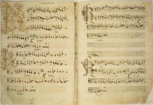 조스캥의 후기 작품 「미사 데 베아타 비르지네」의 시작 부분 키리에. 로마, 바티칸 사도 도서관, Capp. Sist. 45, ff. 1v-2r