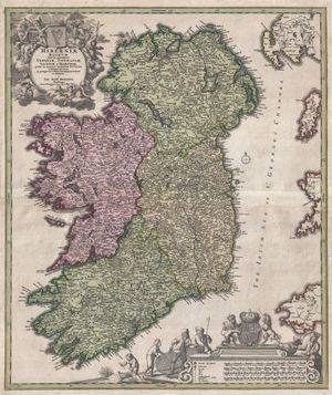 요한 호만(Johann Homann)의 1716년 아일랜드 지도. 클레어주(County Clare)를 콘노트(Connacht)에 잘못 배치했는데, 실제로는 1660년대 직후 먼스터(Munster)로 환원되었다.