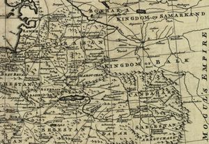 에마누엘 보웬이 그린 페르시아 지도. 페르시아 사파비 왕조와 인도의 무굴 제국 시대(약 1500~1747년)의 영토 이름을 보여준다.