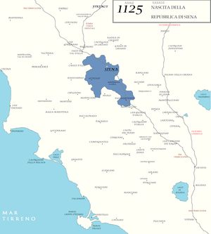시에나 공화국(청색)과 그 강력한 영향력이 미친 지역(크림색)의 변천 (1125-1559)