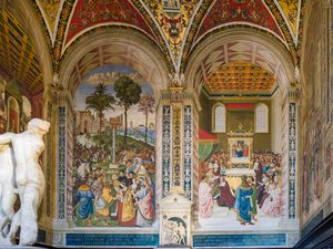 포르투갈의 엘레오노라를 프리드리히 3세 황제에게 소개하고 1456년 추기경 모자를 받는 에네아 실비오 피콜로미니의 프레스코화