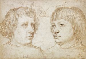 한스 홀바인(오른쪽)과 암브로시우스 홀바인, 한스 홀바인(아버지) 작품, 1511년. 은점(Silverpoint)으로 백색 코팅 종이에 제작, 베를린 국립 박물관