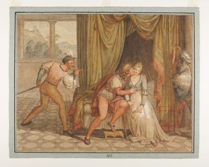 1280년 무렵 옛 사건을 묘사한, 요제프 안톤 코호의 잔초토 말라테스타에게 습격 당하는 파올로 다 말라테스타와 프란체스카 다 리미니 (1805년).