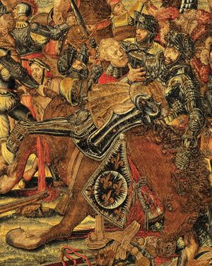 파비아 전투에서 프랑수아 1세의 포로, 세부 사항, 브뤼셀에서 1528-31년경 베르나르트 판 오를레이의 카툰을 바탕으로 제작된 태피스트리 세트 중 하나