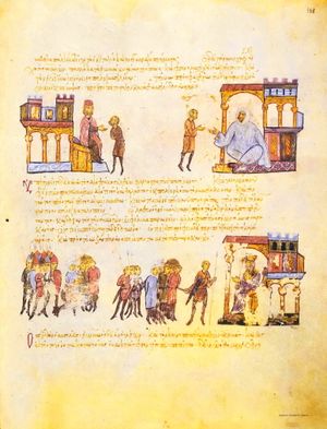 불가리아의 시메온이 파티마 왕조와 동맹을 맺는 장면, 로마노스 1세가 이를 저지하려 한다.