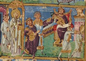 9세기 파리 그레고리우스 사본(프랑스 국립 도서관)에 나오는 발렌티니아누스 갈라테스의 죽음