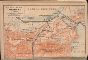 1908년 지도. 아크로코린토스(Akro-Corinthe), 구시가지(Corinthe), 신시가지(Nelle Corinthe)의 관계