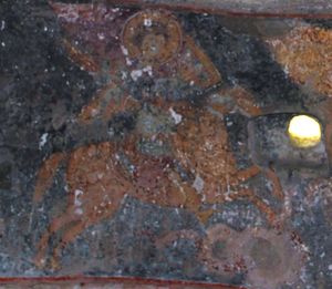 에스키 케르멘(Eski Kermen)의 프레스코화. 성 게오르기우스(St. George)가 용을 죽이는 모습을 보여준다 (13~14세기)