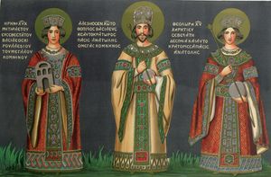 파나기아 테오스케파스토스 수도원의 알렉시오스 3세와 그의 아내, 어머니의 프레스코화. 샤를 텍시에가 그림.