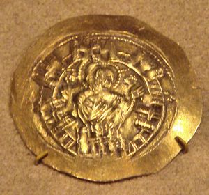 콘스탄티노플 성벽에서 일어나는 성모 마리아. 1261년 콘스탄티노플 탈환을 기념하는 미카엘 8세 팔라이올로고스의 동전.