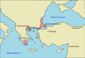 1400년경 비잔티움 제국 지도. 토마스가 1428년 모레아의 데스포트가 되었을 무렵, 그의 형인 테오도로스 2세는 이미 데스포트령(지도상 남쪽 영토)의 국경을 다소 확장하기 위해 노력하고 있었다. 이 영토는 토마스와 그의 형제 콘스탄티노스 11세에 의해 거의 전체 펠로폰네소스 반도를 덮을 정도로 확장될 것이었다.