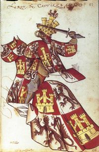 1433년~1435년, 금털 기사단(황금양모 기사단)의 기사단 휘장에 그려진 카스티야의 후안 2세(King John II of Castile)의 기수 문장. 아르세날 도서관(Bibliothèque de l'Arsenal) 소장.