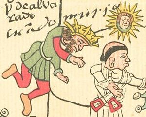 페드로 데 알바라도의 죽음 (1541년). 텔레리아노-레멘시스 코덱스에 묘사. 머리 오른쪽 그림 문자는 나우아틀어 이름 토나티우("태양").