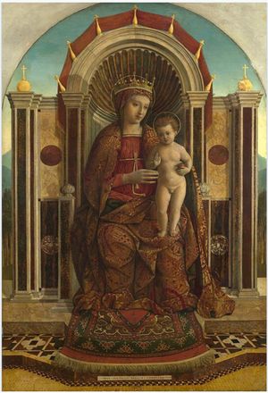 젠틸레 벨리니의 「왕좌에 앉은 성모와 아기 예수」, 15세기 후반. 성모 마리아의 발치에 있는 이슬람 기도 양탄자는 르네상스 회화에서의 동양 양탄자의 한 예이다.