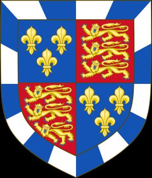 Quarterly, 1st and 4th, azure three fleurs-de-lys or (for France); 2nd and 3rd, gules three lions passant guardant in pale or (for England), all within a bordure compony argent and azure