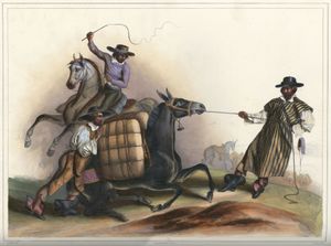 멕시코의 짐꾼들. 짐을 육로로 운반하는 주요 수단은 노새였다. 카를 네벨의 판화.