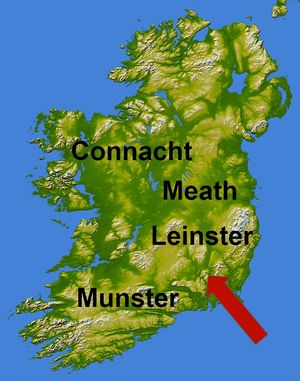 1171년 아일랜드 왕국들과 헨리의 상륙을 보여주는 화살표
