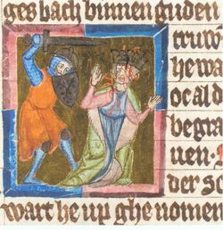 비텔스바흐의 팔라틴 백작 오토 8세가 슈바벤의 필리프를 살해하는 모습. 북부 독일, 14세기 초, 작센 연대기에서 발췌, 베를린 국립 도서관, Ms. germ. fol. 129, fol. 117v.