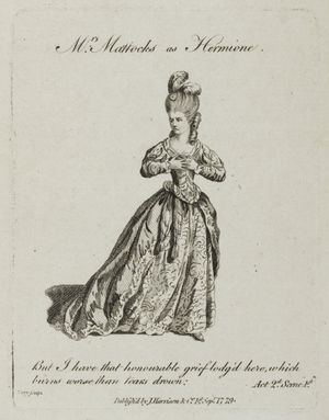 1779년 드러리 레인 극장 공연에서 헤르미온느 역을 맡은 매톡스 부인의 모습