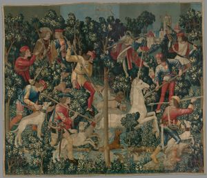 "유니콘 공격", 「유니콘 사냥」 태피스트리에서. 브뤼셀 또는 리에주, 약 1495–1505년