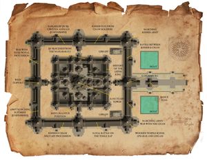 바이욘 사원 평면도. 주요 구조물을 보여줍니다. 불규칙한 형태 때문에 상층 테라스의 치수는 대략적인 값입니다.