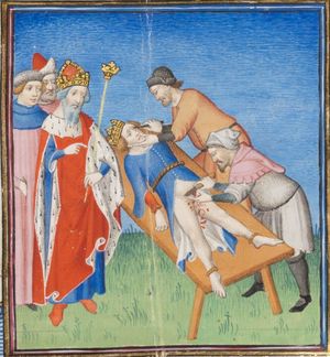 1194년 신성 로마 제국 황제 헨리 6세가 시칠리아의 빌헬름 3세의 눈과 성기를 없애는 장면 (조반니 보카치오의 Des cas des nobles hommes et femmes [fol. 169r], 15세기, 제네바 도서관 Ms. fr. 190/2).