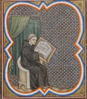 생드니의 프리마(Primat of Saint-Denis)가 프랑스 대왕 연대기(Grandes Chroniques de France)에서 로마 데 로아(Roman des rois)를 집필하는 모습, 프랑스 국립 도서관 소장, MS fr. 2813, 265v 쪽 (약 1375년~1380년)