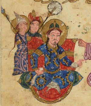 높은 모자를 쓴 샤르부시를 착용한 투르크 복장의 디야르바크르 "셰이크". 오늘날 터키 디야르바크르인 아미드에서 1200~1210년경, 아마도 아르투크 왕조 시대에 그려짐 (마카마트 알 하리리, BNF Arabe 3929).