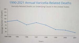 1995년 미국에서 수두 백신 도입 이후 수두 관련 사망자 수가 점진적으로 감소한 것을 보여준다. 해당 자료는 “미국에서 수두 백신 접종 시행 후 수두로 인한 사망률 감소”(Nguyen et al., 2005)에서 발췌하였다.