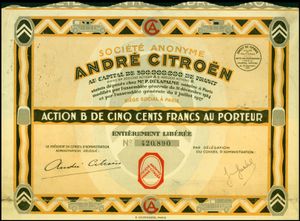 1927년 9월 30일 발행된 S. A. 앙드레 시트로엥 주식