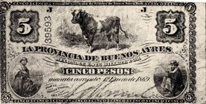 1869년에 발행된 "Cinco pesos" 모네다 코리엔테 지폐