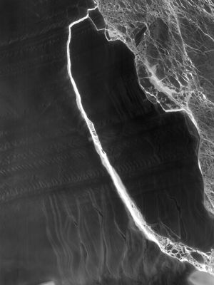 2017년 7월 21일 랜드샛 8 위성의 열 적외선 센서(TIRS)가 촬영한 이미지. 빙산 A-68과 라르센 C 빙붕의 분리된 경계가 보인다 (밝은 색일수록 따뜻함을 의미).