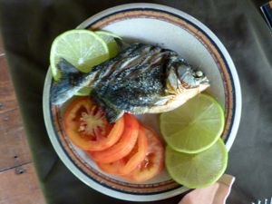 페루 아마존에서 구운 피라냐 요리