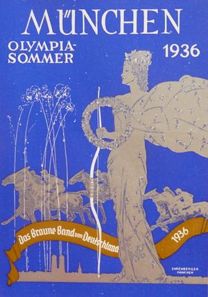 1936년 뮌헨 올림픽 하계 대회의 '독일 예술의 수도'를 홍보하는 엽서. 아마존 여전사가 장궁과 승리의 화환을 들고 있다.