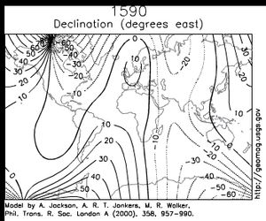 1590년부터 1990년까지 추정된 편각 등고선 (변화를 보기 위해 클릭)